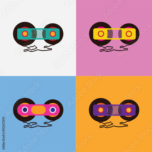 Vibrant vector illustration of four retro cassette tapes in bold pop art style, arranged in a colorful grid, perfect for commercial projects evoking nostalgia, music culture, and creative design