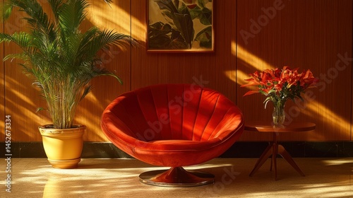 Warm, inviting lounge.  Sun-drenched interior.  Retro style.  Comfortable seating.  Floral accents.  Elegant design photo