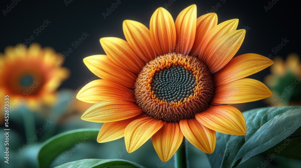 Fototapeta premium Close-up Sunflower, vibrant orange, dark background, other sunflowers blurred