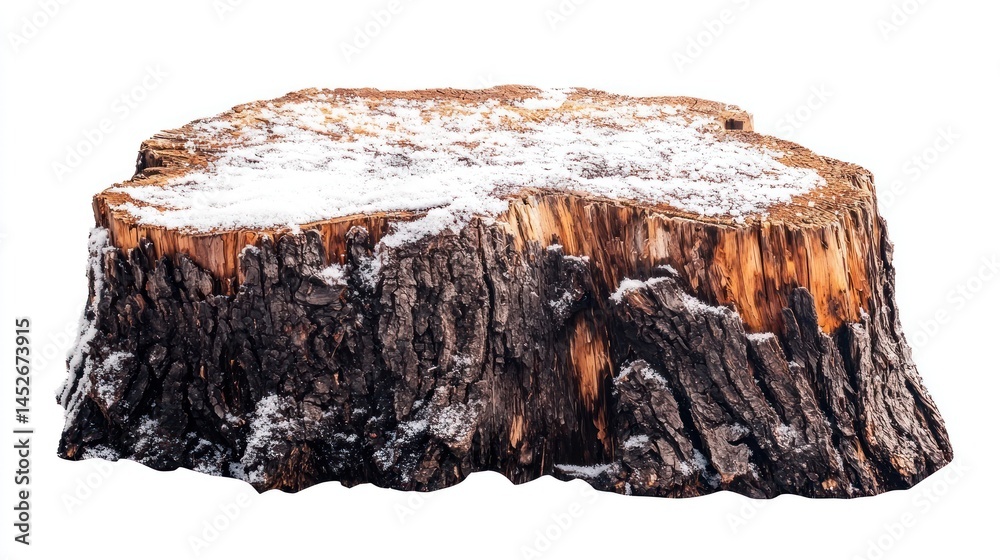 Fototapeta premium Rotten tree stump with a rough texture, partially covered in fresh snow, on white
