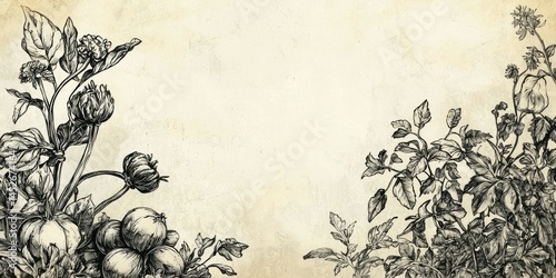 Botanical map of homegrown vegetables and local flora in vintage sketch