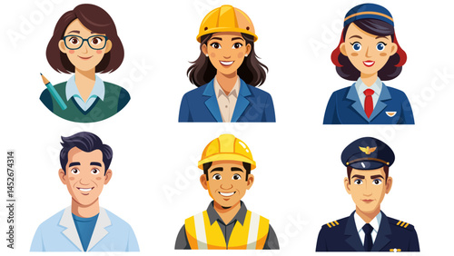 Vector illustration of a set of smiling people in different professions and professions.