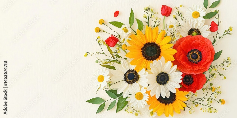 Naklejka premium Bright floral poster with daisy, sunflower, and poppy bouquet