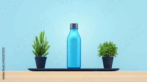 Wallpaper Mural A blue water bottle surrounded by miniature plants on a wooden surface, ideal for eco-friendly lifestyle themes. Torontodigital.ca