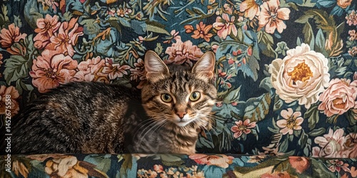 Cat becomes part of a larger floral tapestry, its fur almost indistinguishable from the swirling blossoms.
