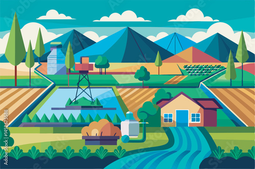 A detailed vector art illustration depicting a modern irrigation system with pipes, sprinklers, and water flow, ideal for agricultural concepts.