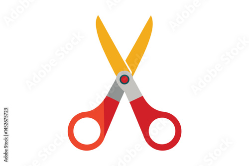 Vector image of scissors with gold blades and red handles on white