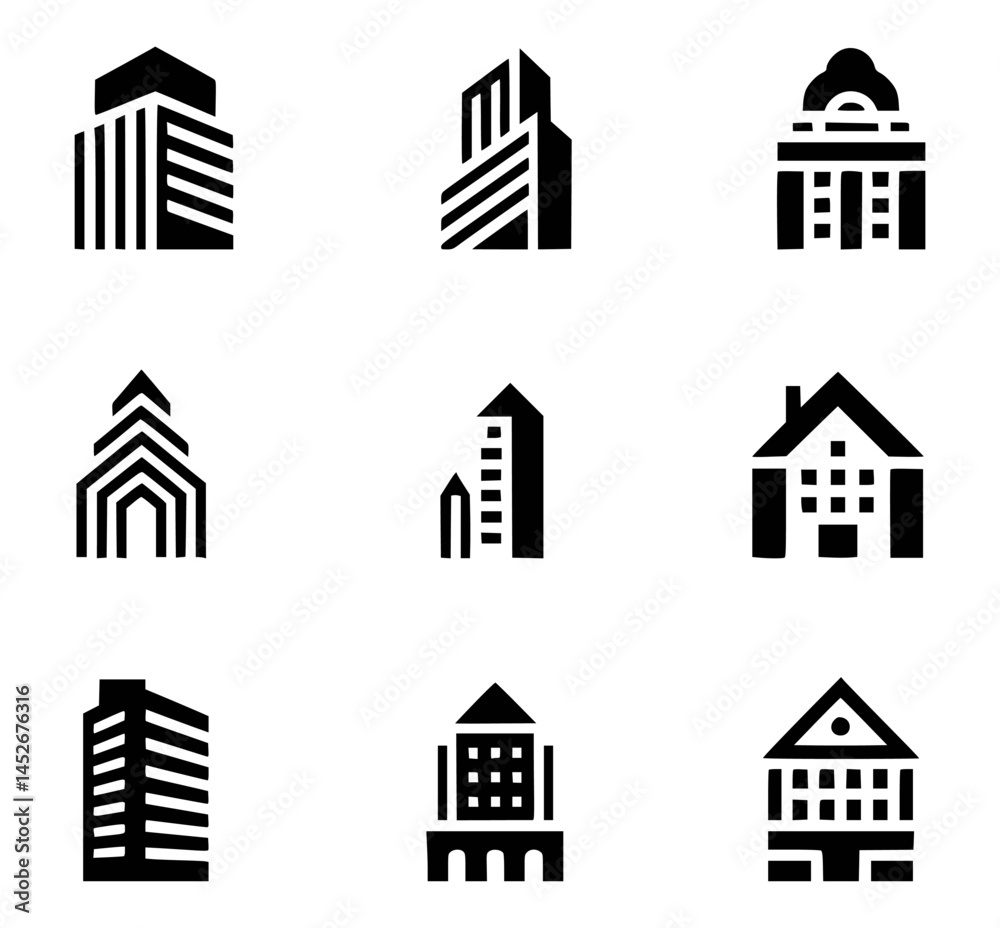 Fototapeta premium Collection of black building icons isolated on white background