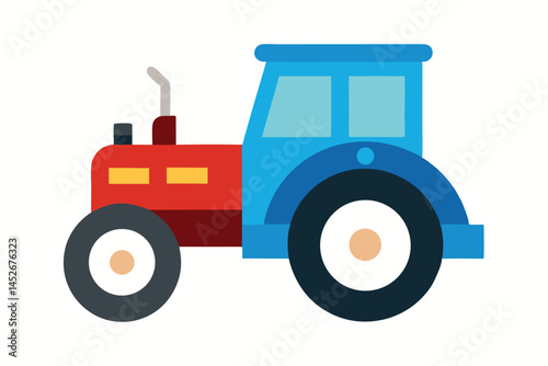 Colorful cartoon tractor illustration with red body and blue cab design