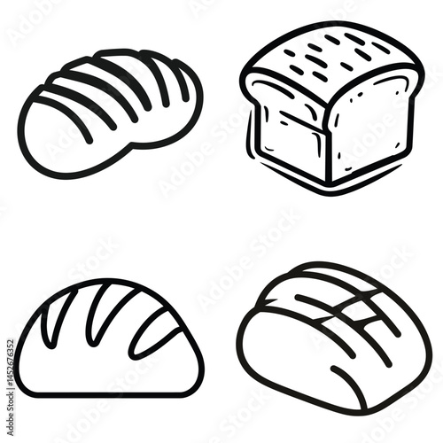 Four Types of Bread Loaves Minimalist Line Art on a Transparent Background