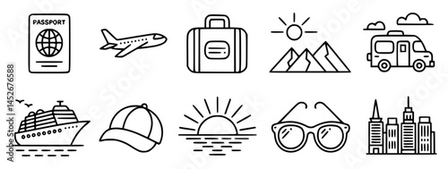 Simple black and white travel icons and illustrations