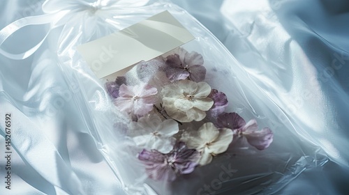 A bag of flowers is sitting on a white surface