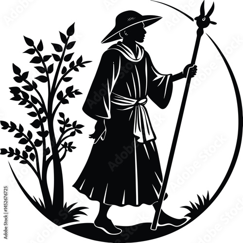 Pilgrim Silhouette Vector Illustration: Walking Man with Staff, Hat, and Tree Design