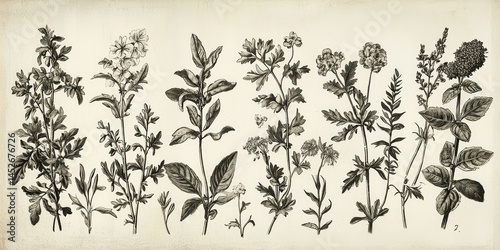 Classic French botanical etching of herbs, edible roots, and florals