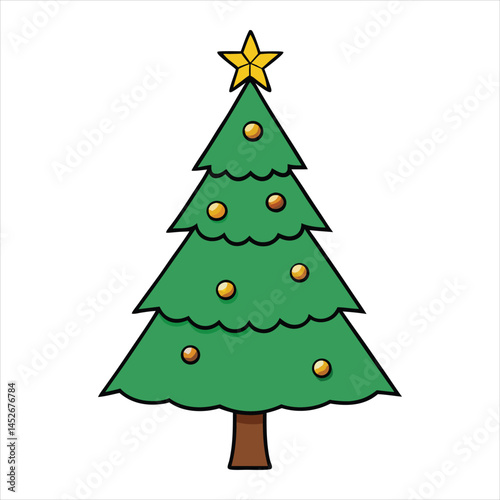 A festive green fir christmas tree vector illustration, isolated on white for holiday decoration