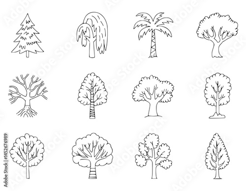 Hand drawn tree illustrations set of various tree types