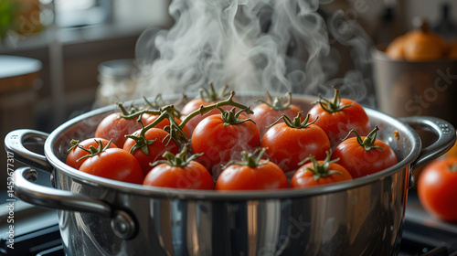 Steaming fresh tomatoes in a pot on a stovetop. A culinary scene showcasing ripe red tomatoes being cooked indoors, with steam rising against a blurred backdrop.