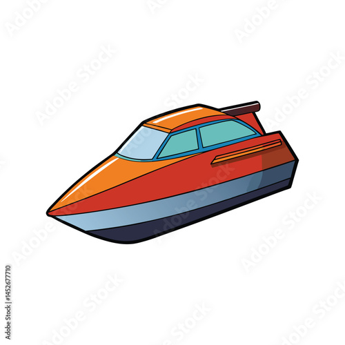 Speedboat vector illustration, fast motorboat on water waves, summer sea transport for sport, travel, and marine adventure