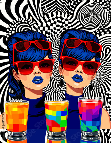 The image features a vibrant and eye-catching illustration of two women with striking blue hair and bold blue lips, both wearing oversized red sunglasses. The background consists of a mesmerizing blac