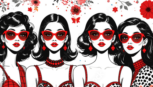 Stylized illustration of four glamorous women with red accessories on a floral background