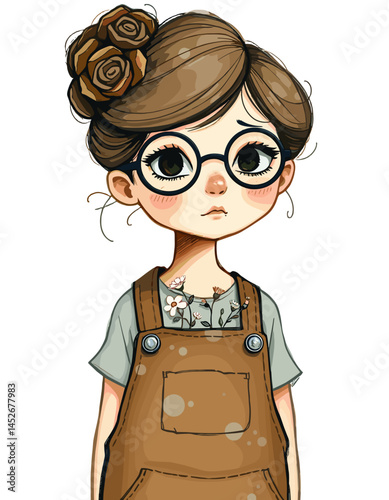 Charming illustration of a young girl in round glasses and a floral shirt with a brown overall