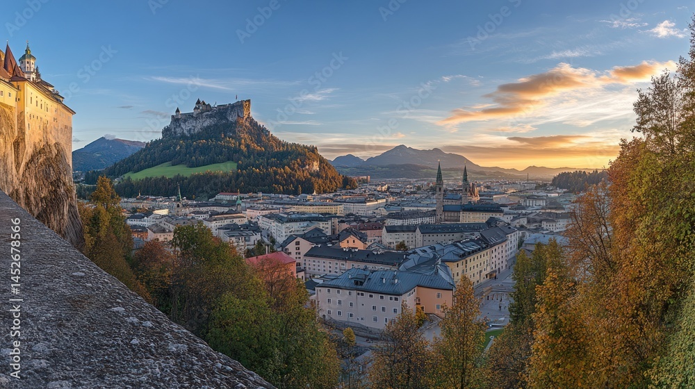 Obraz premium Panoramic Sunset View of Salzburg, Austria: Hohensalzburg Fortress and Cityscape at Golden Hour