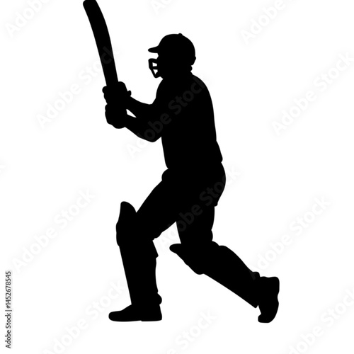 Cricket player swinging bat silhouette on white background  