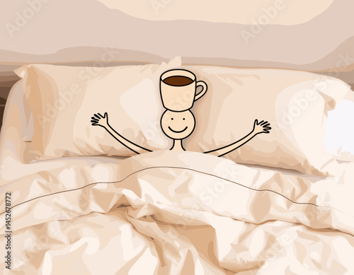 A playful illustration of a character peeking out from under the blankets with a coffee cup on their head, conveying a cozy morning vibe