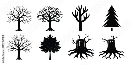 Vector silhouettes of tree set illustration on white background