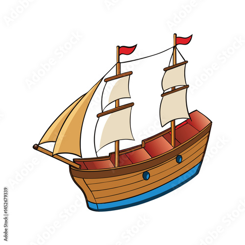 Schooner vector illustration, traditional sailing ship with sails, maritime vessel design, ocean travel and adventure