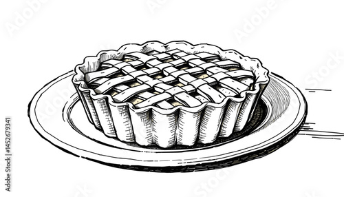 A monochrome illustration of a classic pie with a woven crust, presented on a plate, emphasizing culinary detail and craftsmanship