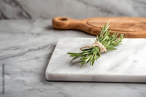 Sprig of fresh rosemary tied with twine resting on a marble cutting board with a wooden cutting board in the background