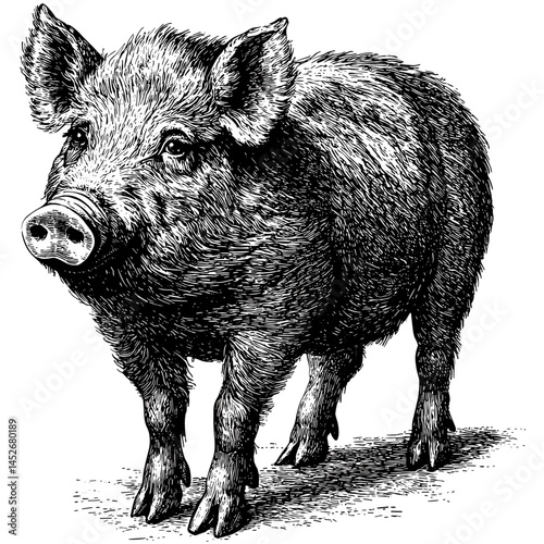 Vintage wild boar, woodcut engraving style vector, old sketch, retro wildlife art, hand drawn boar illustration, forest creature vector, hunting animal clipart,