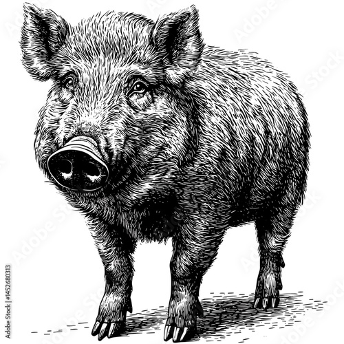 Wild boar, vintage woodcut engraving style, old black sketch, trendy animal illustration, retro boar print, antique wildlife vector, forest animal drawing, rustic style,