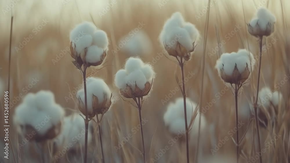 Close-up field of cotton plants showing soft bolls ready for harvest in warm and muted natural light