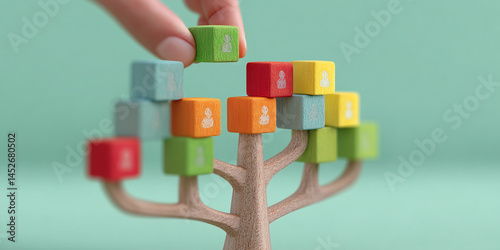Wooden tree with colorful blocks, each showing a person icon, symbolizing team growth, network, or organizational structure.  Concept represents human resources, connection, and collaboration