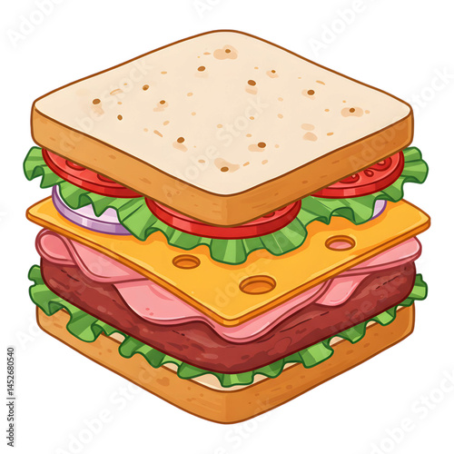 Colorful cartoon sandwich with layers of meat, lettuce, cheese, and tomato