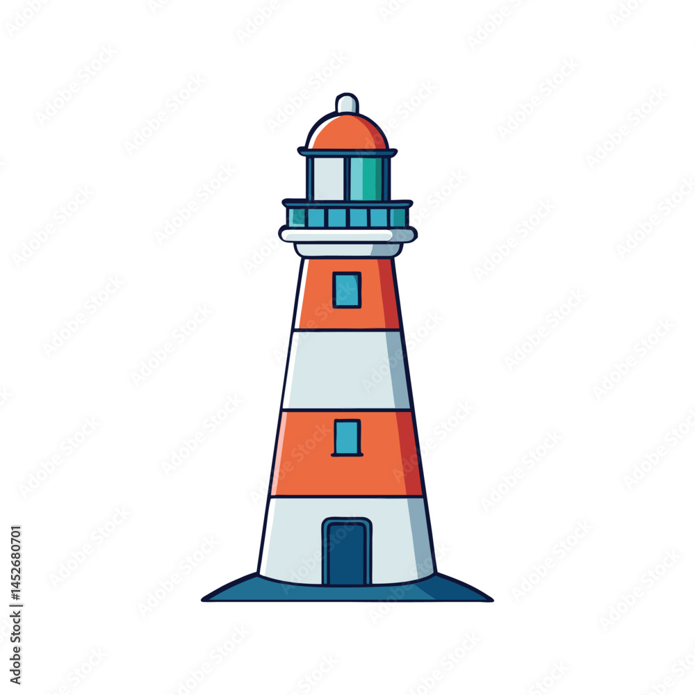 Lighthouse vector illustration, coastal beacon tower with light beam, maritime navigation and ocean safety