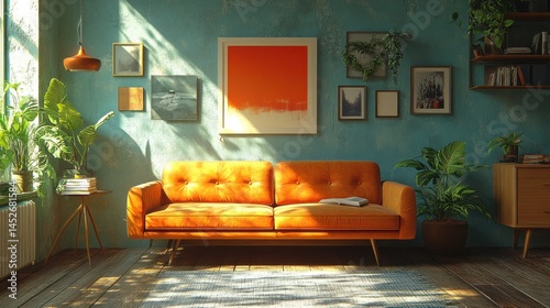 Bright living room with orange couch plants and artwork on a blue wall.
