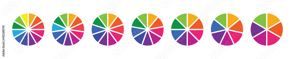 Obraz premium Pie chart set. Pie charts diagrams. Different color circles isolated. Circle section graph. Infographic element round shape. Vector. Pie chart divided 1,2,3,4,5,6,7,8,9,10,11,12 equal parts