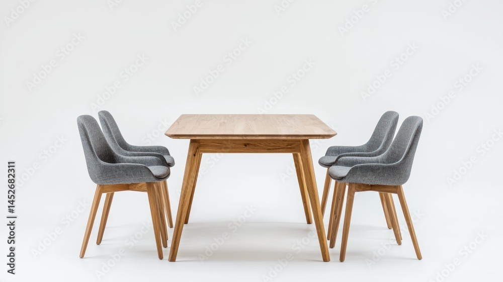 Scandinavian wooden table with three grey fabric chairs on white background. Scandinavian wooden table with three grey fabric chairs on white background.