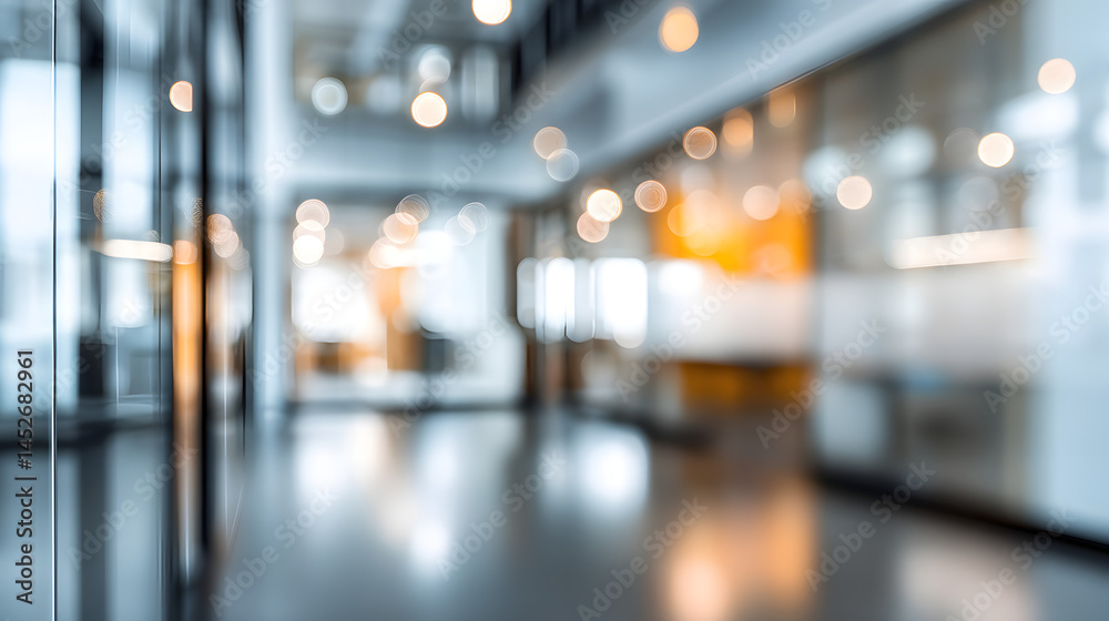 Fototapeta premium Dynamic office environment with blurred interior background and doorway modern workspace focused view