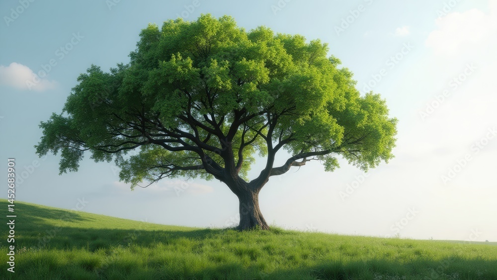 Obraz premium Majestic Oak Tree Standing Tall on Green Hill Under Blue Sky, Summer Landscape