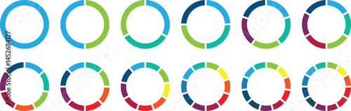 Circle pie chart diagram. Pie chart set, segmented circle icons. Pie chart divided 1,2,3,4,5,6,7,8,9,10,11,12 equal parts. Infographic wheel segment or section parts. Circle section graph. Vector set