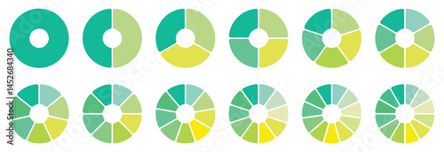 Circle pie chart diagram. Pie chart set, segmented circle icons. Pie chart divided 1,2,3,4,5,6,7,8,9,10,11,12 equal parts. Infographic wheel segment or section parts. Circle section graph. Vector set
