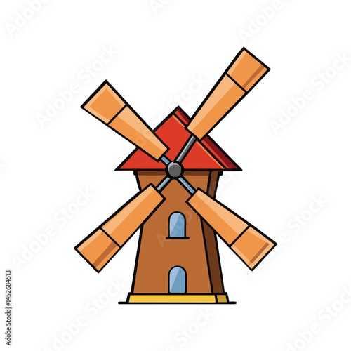 Windmill vector illustration, traditional wind turbine with rotating blades, renewable energy and countryside landscape 