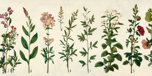 Elegant herbarium collection with labeled plants and antique floral motifs