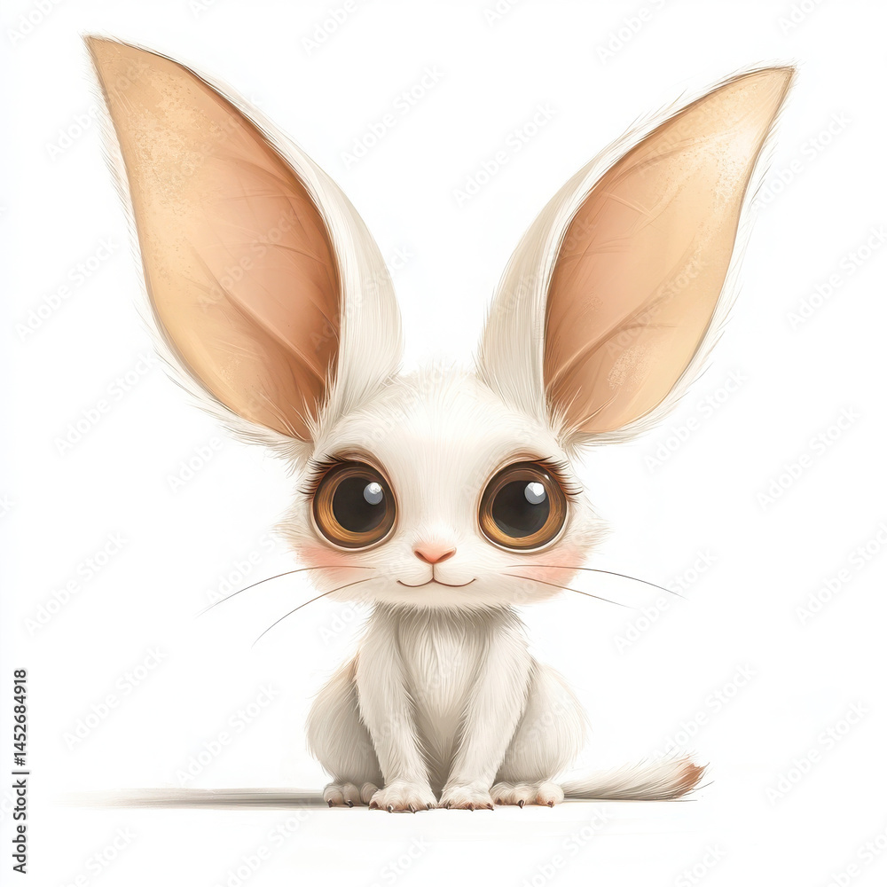 Fototapeta premium Cute bunny with big eyes sitting on white background
