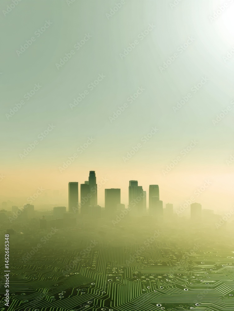 Obraz premium Emerging Techno-Urban Horizon Smart City Awakening in Sustainable Green Mist - Innovative Cityscape Visualizing Digital Transformation and Eco-Conscious Metropolitan Evolution