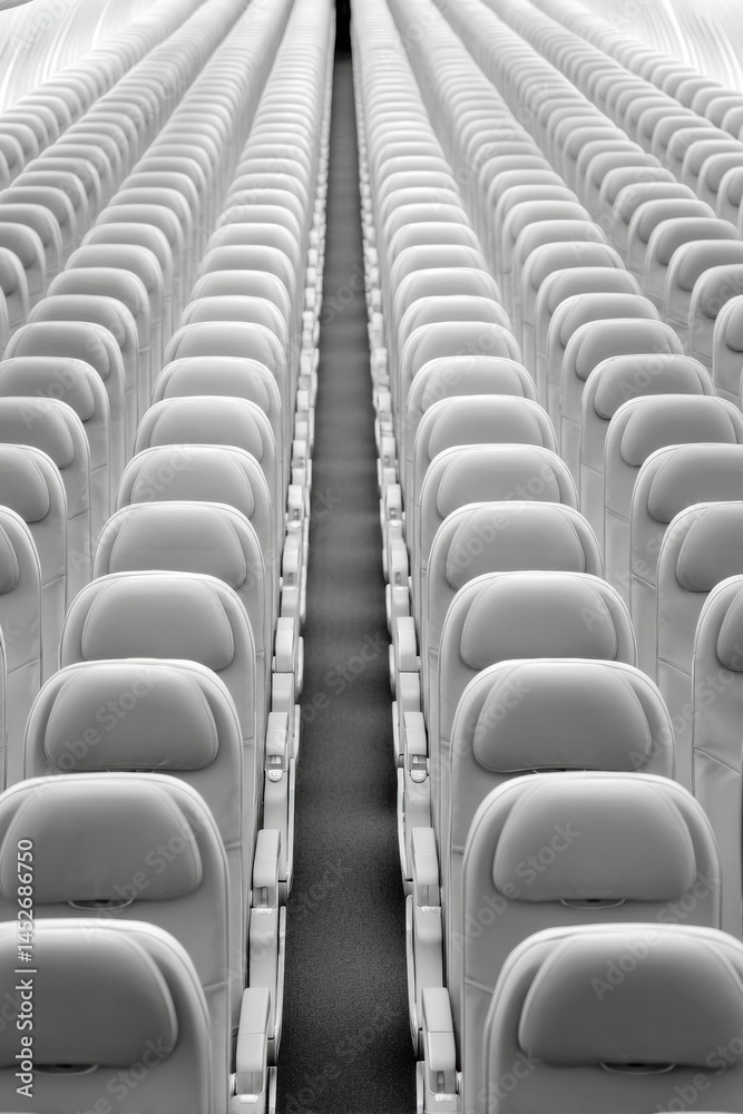 Obraz premium Minimalist Aviation Symmetry Sleek Commercial Jet Interior Revealing Precision Engineering and Modern Travel Infrastructure Design